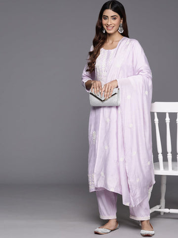 Varanga Women Lavender Thread Embroidered Kurta With Bottom And Dupatta